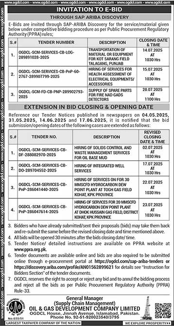 Oil & Gas Development Company Limited Islamabad Tender Notice